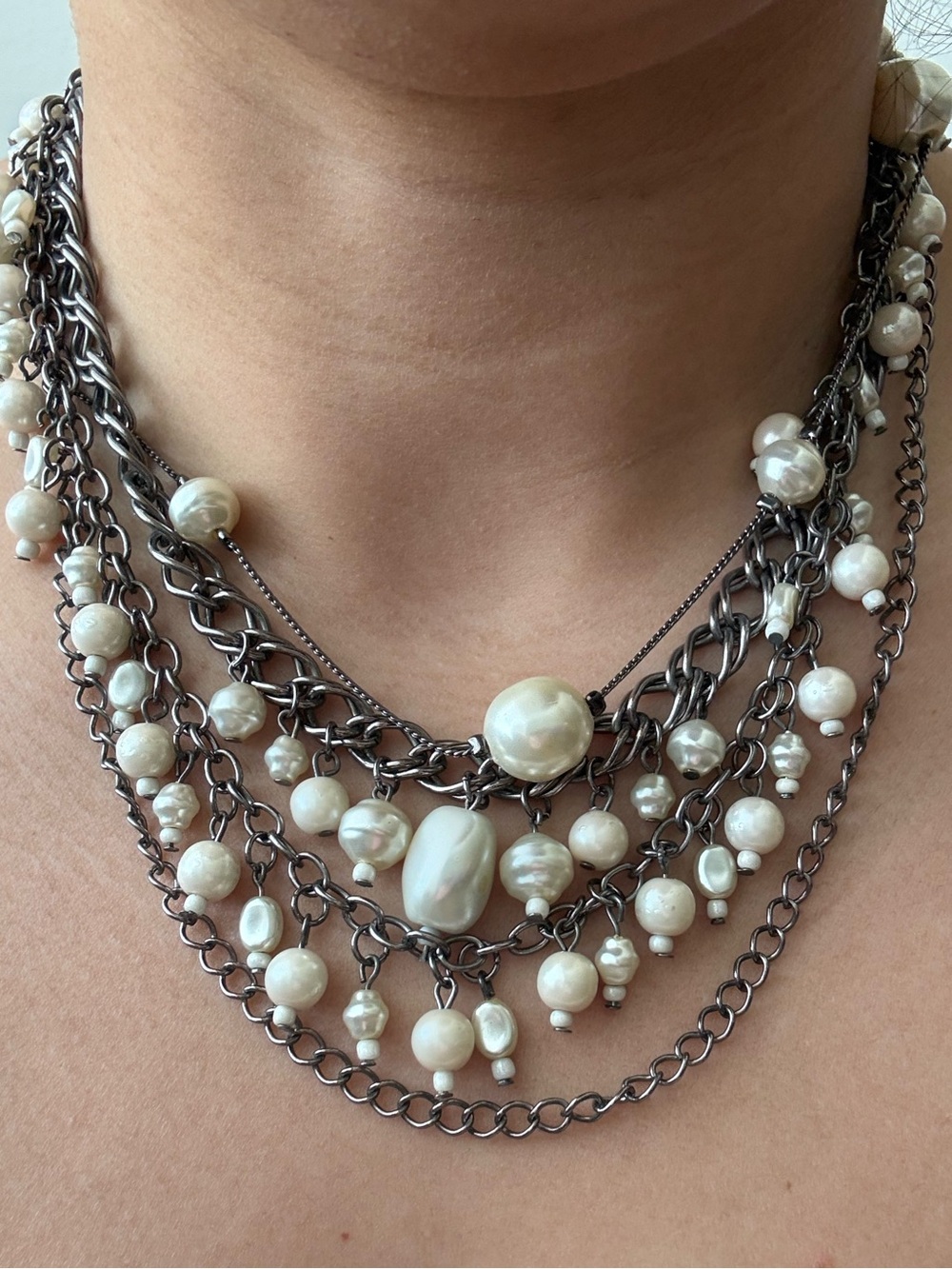 Multi-Strand Pearl and Gunmetal Chain Necklace - White Pearls